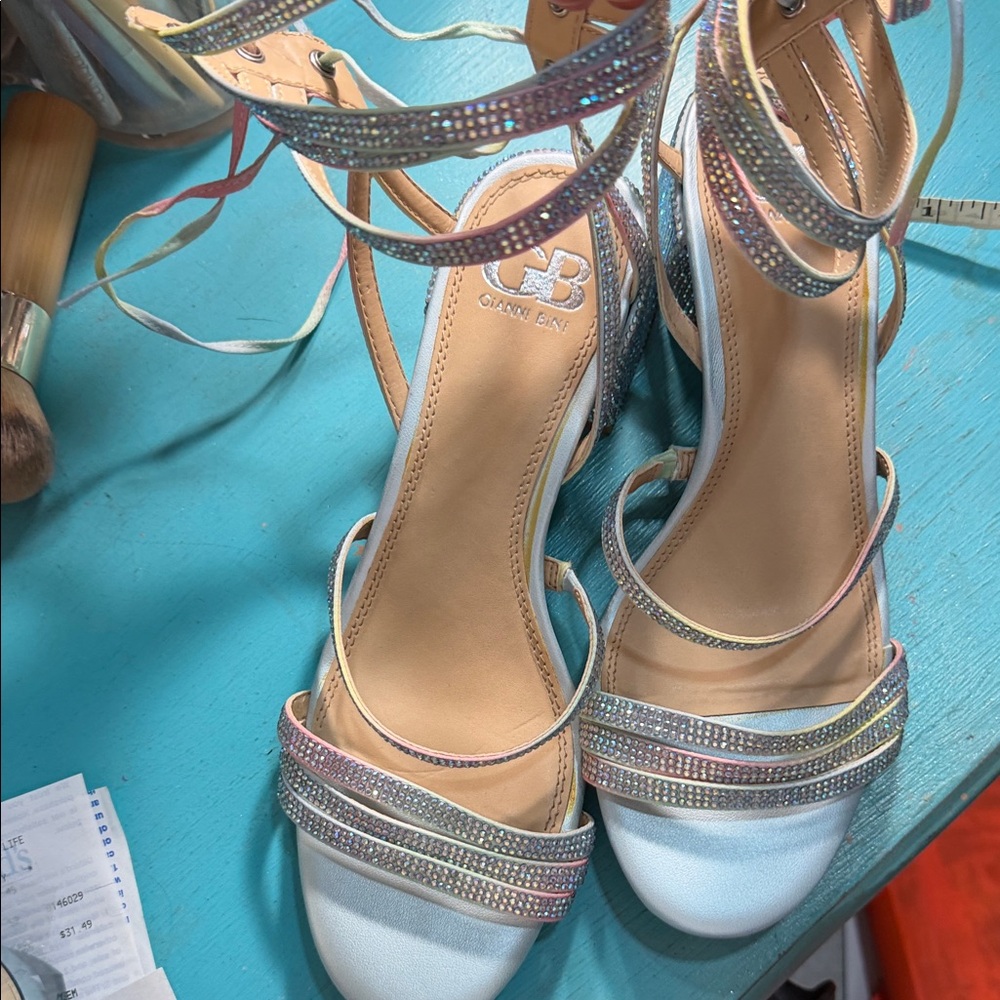 Gianni Bini Iridescent Rhinestone Ankle-Strap Heels - White/Silver/pink/blue 7M